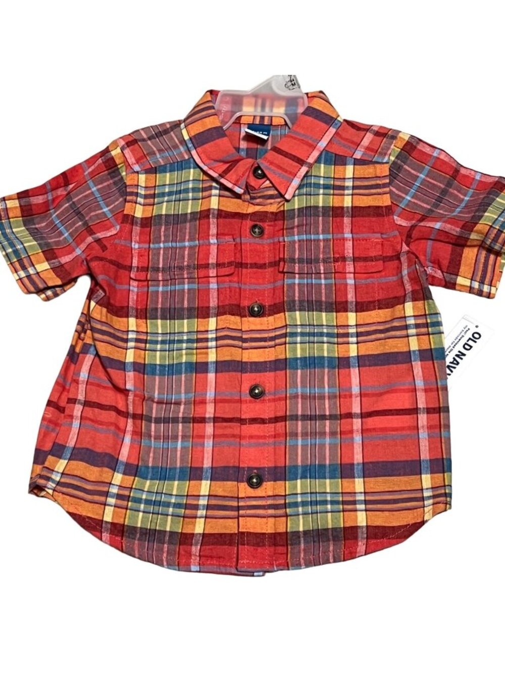 Old Navy NWT boys 18-24m orange plaid button down shirt yellow blue summer